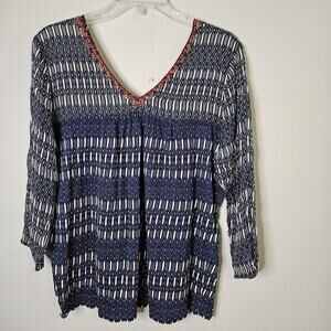 Lucky Brand V-Neck Chiffon Flowy 3/4 Sleeve Top Embroidered Neckline BOHO Sz L
